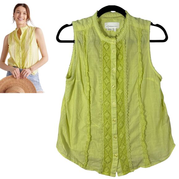By Anthropologie Yellow Green Lace Trim Button Sleeveless Boho Blouse Medium - Picture 1 of 7